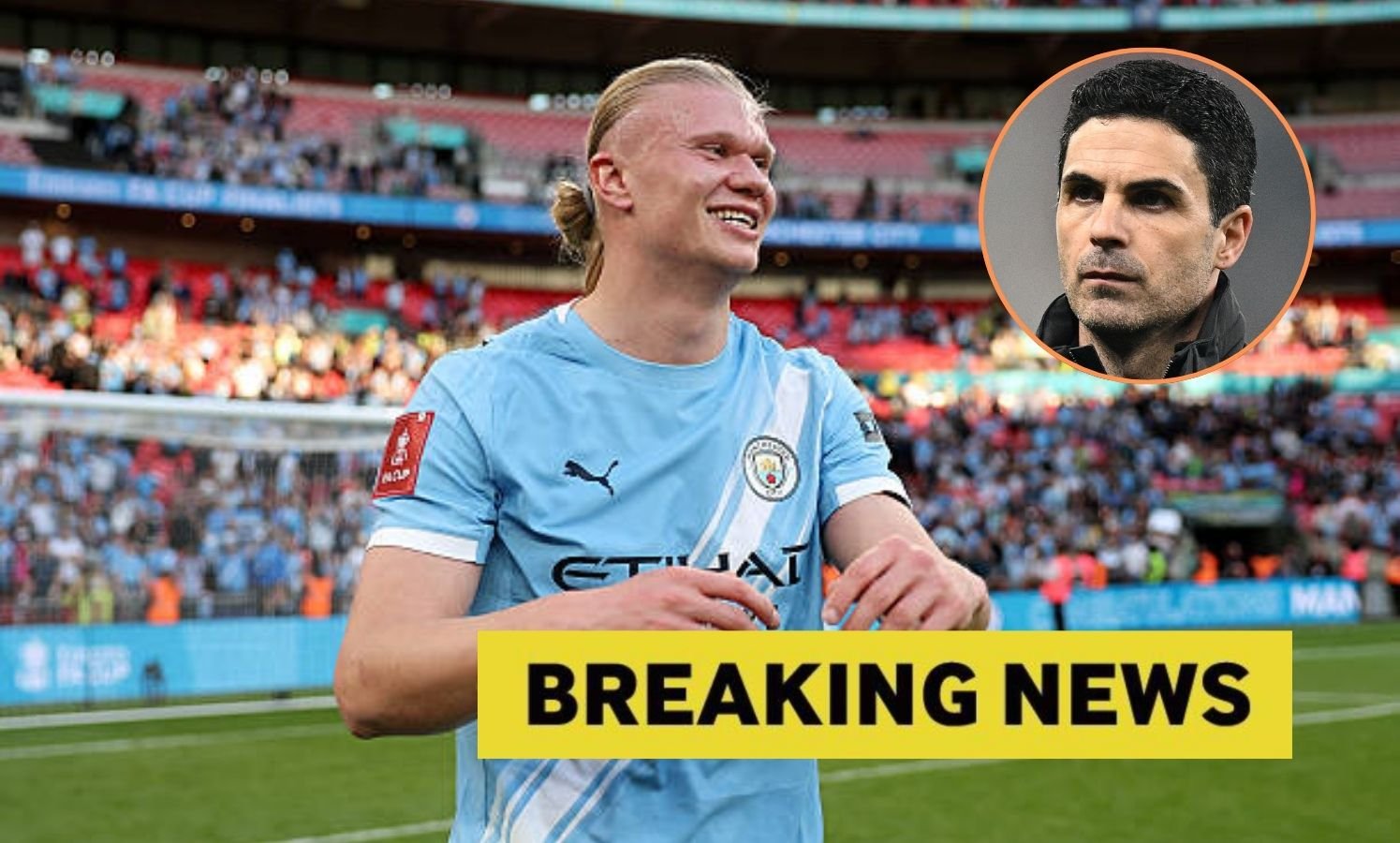 Erling Haaland with overlay of Arteta