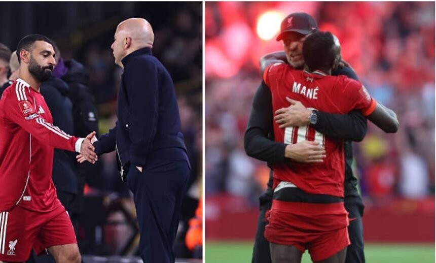 Split image of Mohamed Salah and Arne Slot and Jurgen Klopp and Sadio Mane