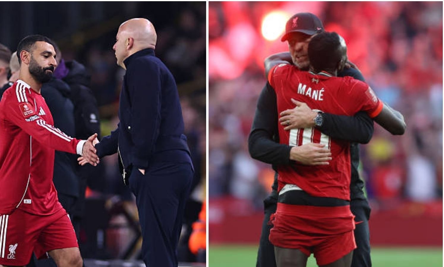 Split image of Mohamed Salah and Arne Slot and Jurgen Klopp and Sadio Mane