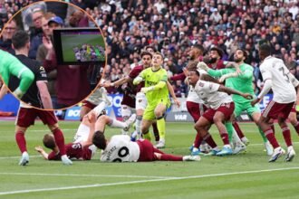 West Ham Arsenal foul on David Raya with overlay of VAR check