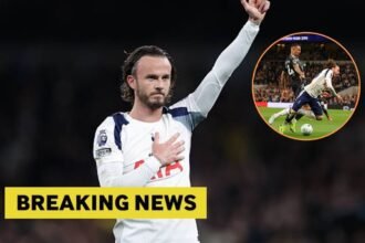 James Maddison applauding the fans with overaly of Maddison