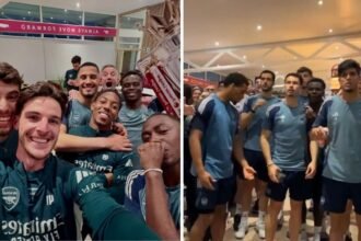 Split image of Arsenal players celebrating