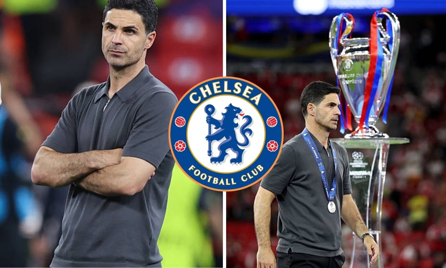 Split image of Mikel Arteta after losing Champions League final