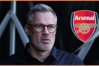 Jamie Carragher and the Arsenal logo