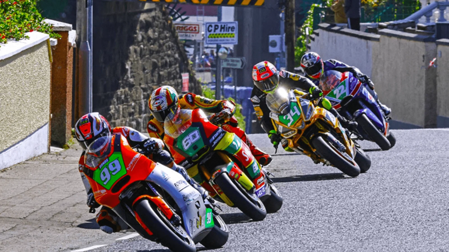 Jeremy McWilliams leads Peter Hickman, Alastair Seeley, Paul Jordan, 2026 North West 200, Supertwin. Credit: Pacemaker Press/North West 200.