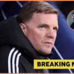 Eddie Howe with Breaking News with overlay of mystery player