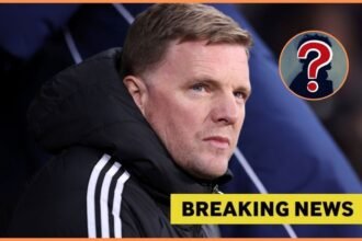 Eddie Howe with Breaking News with overlay of mystery player