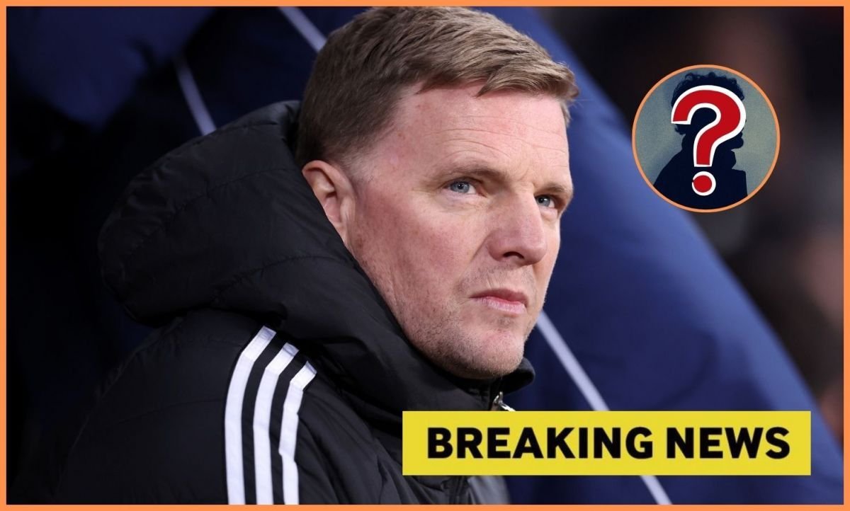 Eddie Howe with Breaking News with overlay of mystery player
