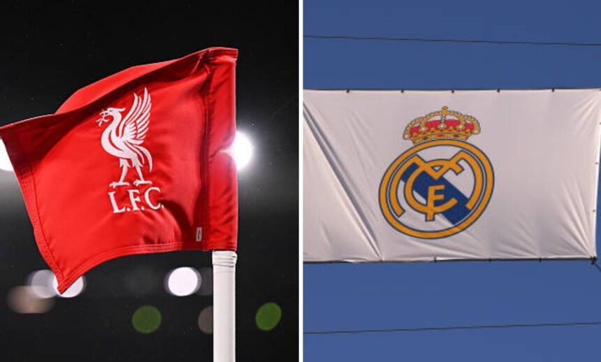Split image of Liverpool flag and Real Madrid falg
