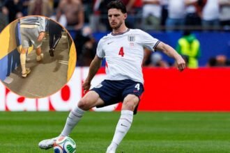Declan Rice in action for England with overlay of his leg from mixed zone