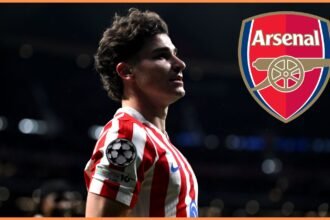 Julian Alvarez and the Arsenal logo