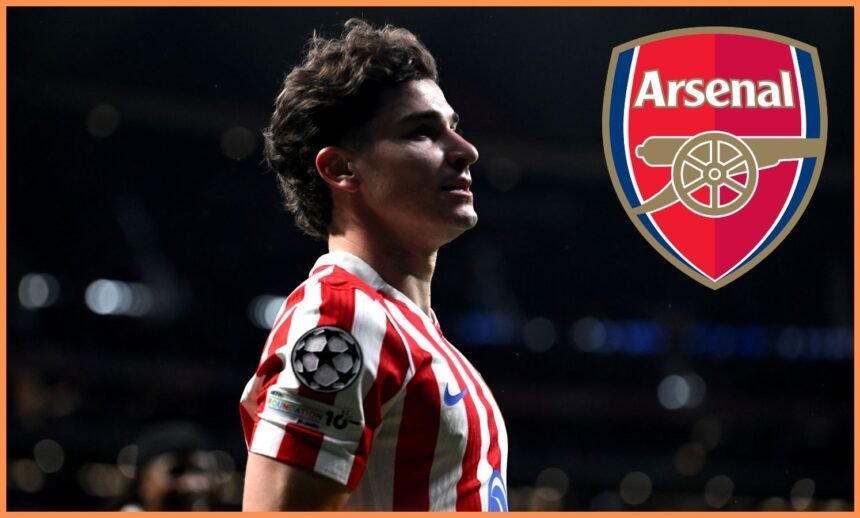 Julian Alvarez and the Arsenal logo