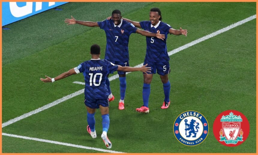 Jules Kounde celebrates with his France teammates at the World Cup