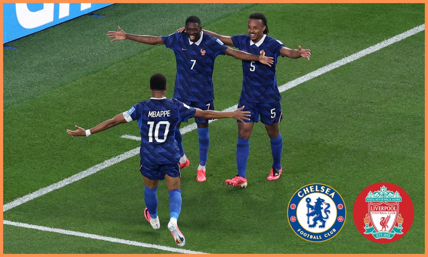 Jules Kounde celebrates with his France teammates at the World Cup