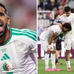 Split image of Mahrez celebrating and Iran players dejected