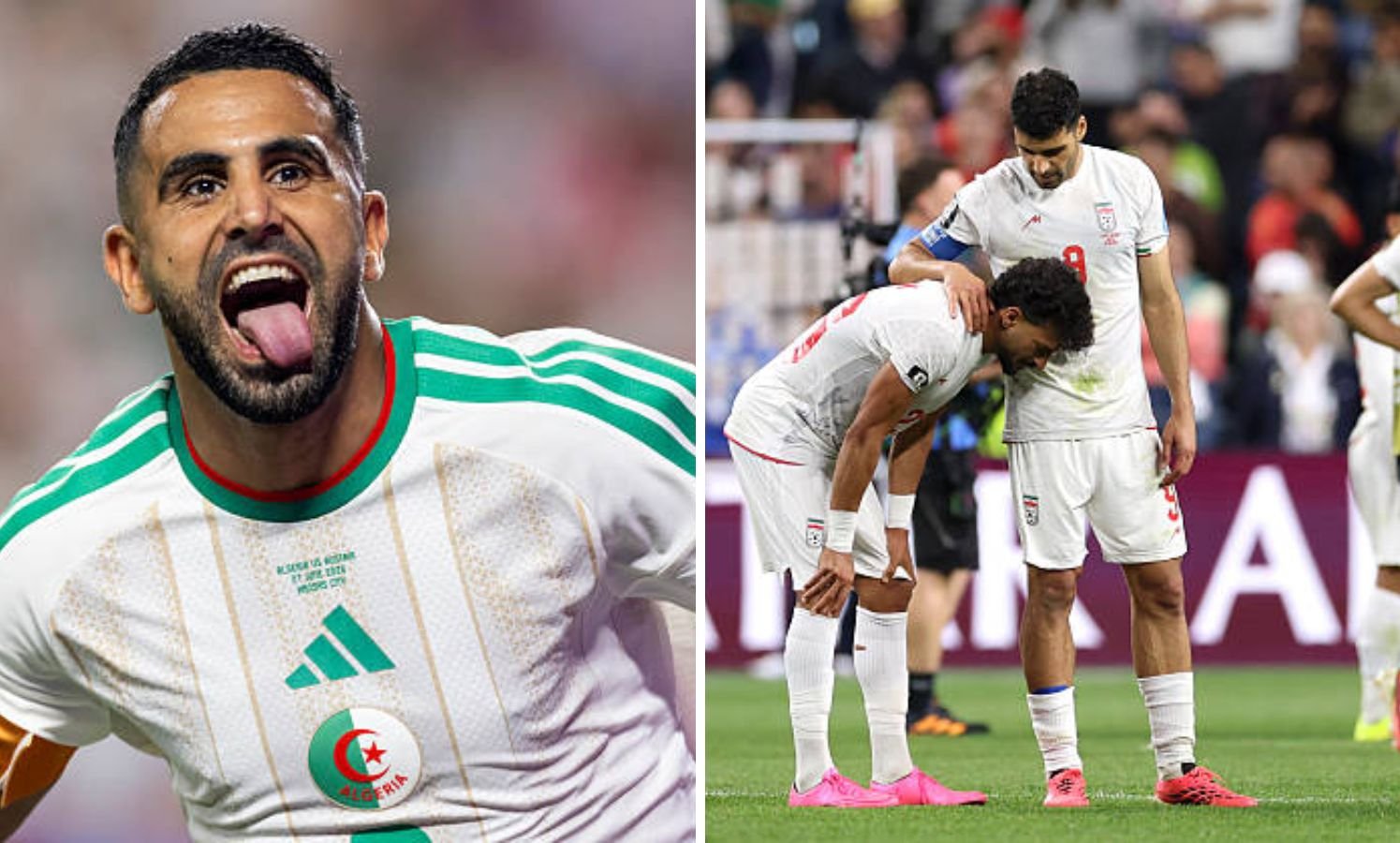 Split image of Mahrez celebrating and Iran players dejected