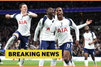 Mathys Tel celebrates with his Tottenham teammates