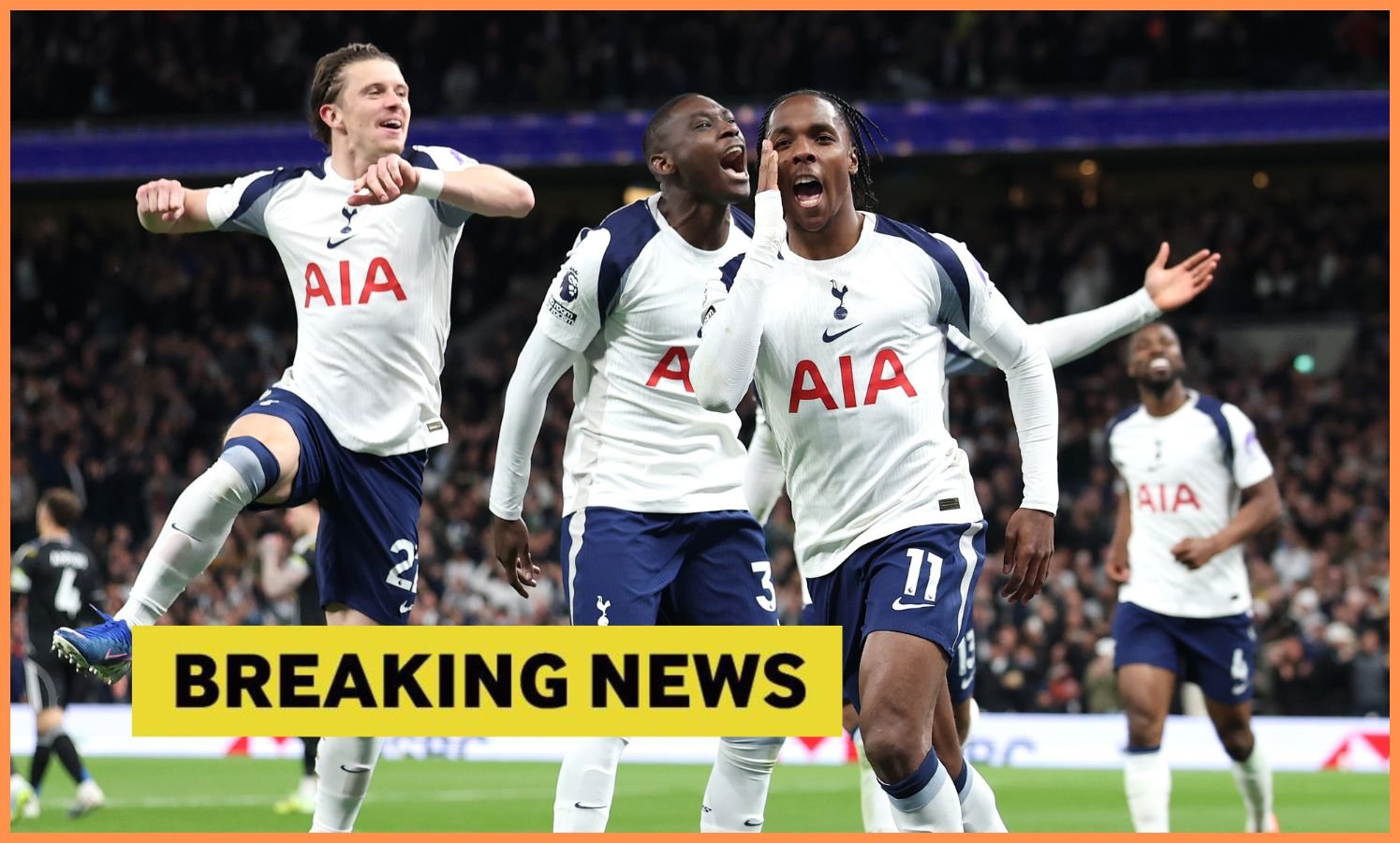 Mathys Tel celebrates with his Tottenham teammates