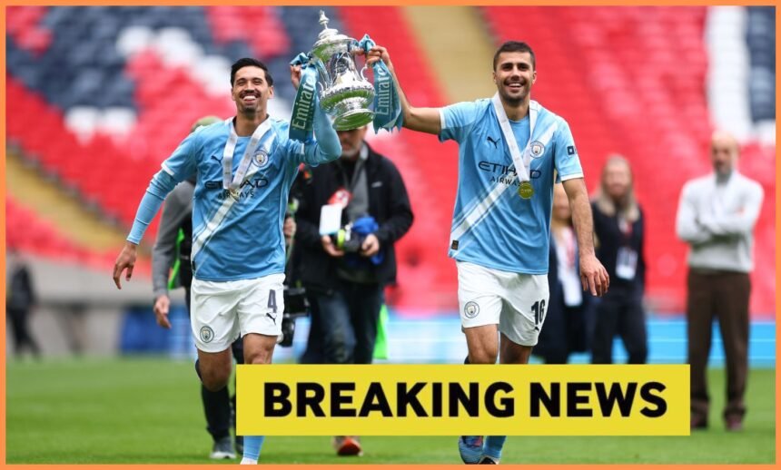 Rodri celebrates winning the FA Cup with Manchester City