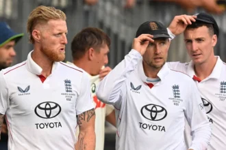 Ben Stokes, Joe Root and Harry Brook