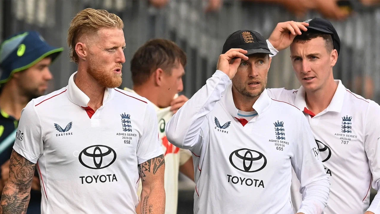 Ben Stokes, Joe Root and Harry Brook