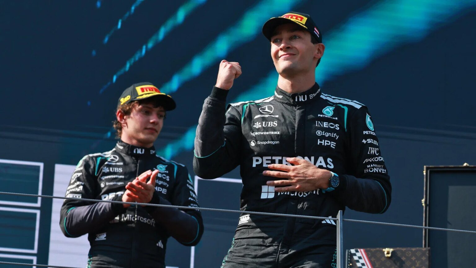 Russell celebrates in front of Antonelli in Austria