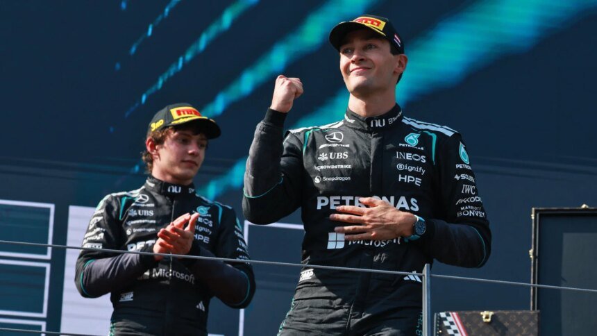 Russell celebrates in front of Antonelli in Austria