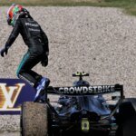 Antonelli jumps from his Mercedes in Barcelona