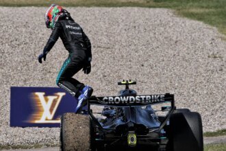 Antonelli jumps from his Mercedes in Barcelona