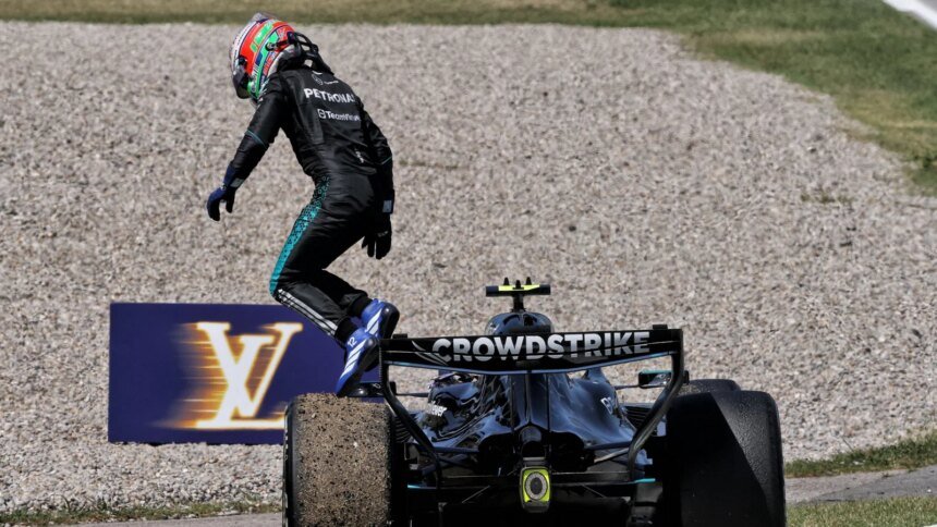 Antonelli jumps from his Mercedes in Barcelona
