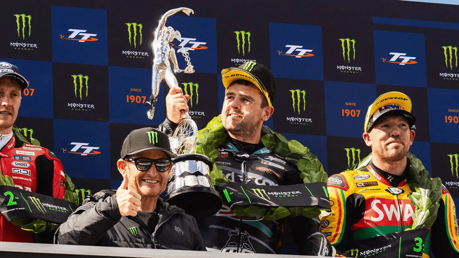 Michael Dunlop, Dean Harrison, Peter Hickman, Ricky Carmichael on 2026 Isle of Man TT Supersport Race 1 podium. Credit: Isle of Man TT.