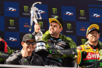 Michael Dunlop, Dean Harrison, Peter Hickman, Ricky Carmichael on 2026 Isle of Man TT Supersport Race 1 podium. Credit: Isle of Man TT.