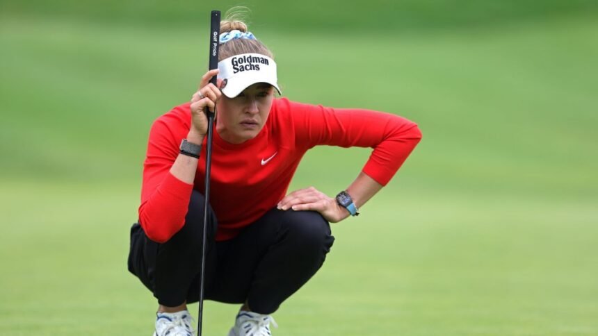Midway through the U.S. Women's Open, Nelly Korda changes into the shoes LeBron gave her.