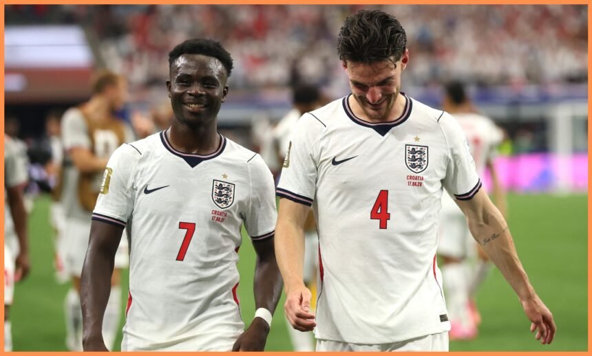Bukayo Saka and Declan Rice react after England