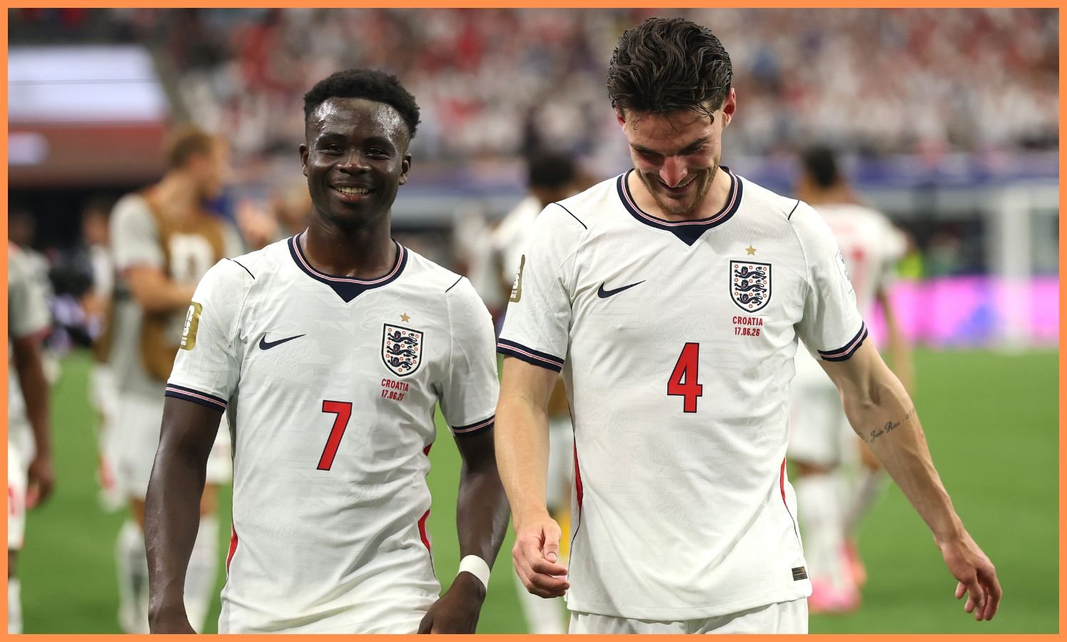 Bukayo Saka and Declan Rice react after England