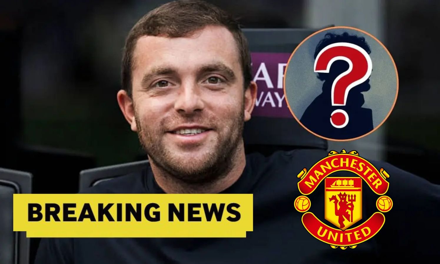 Fabrizio Romano with overlay of breaking news, mystery player and manchester united badge