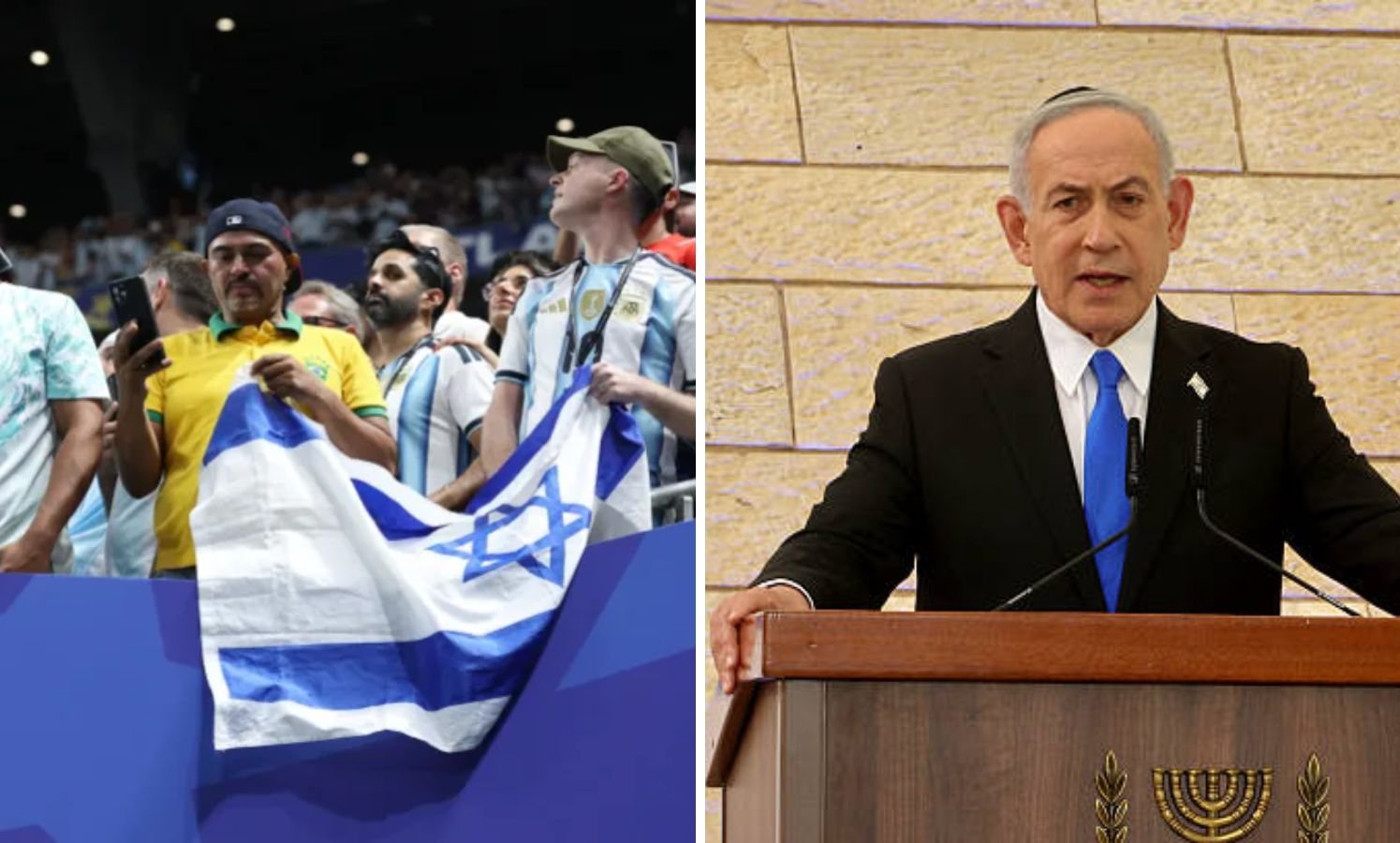 Split image of Argentina fans with Israeli flag and Benjamin Netanyahu