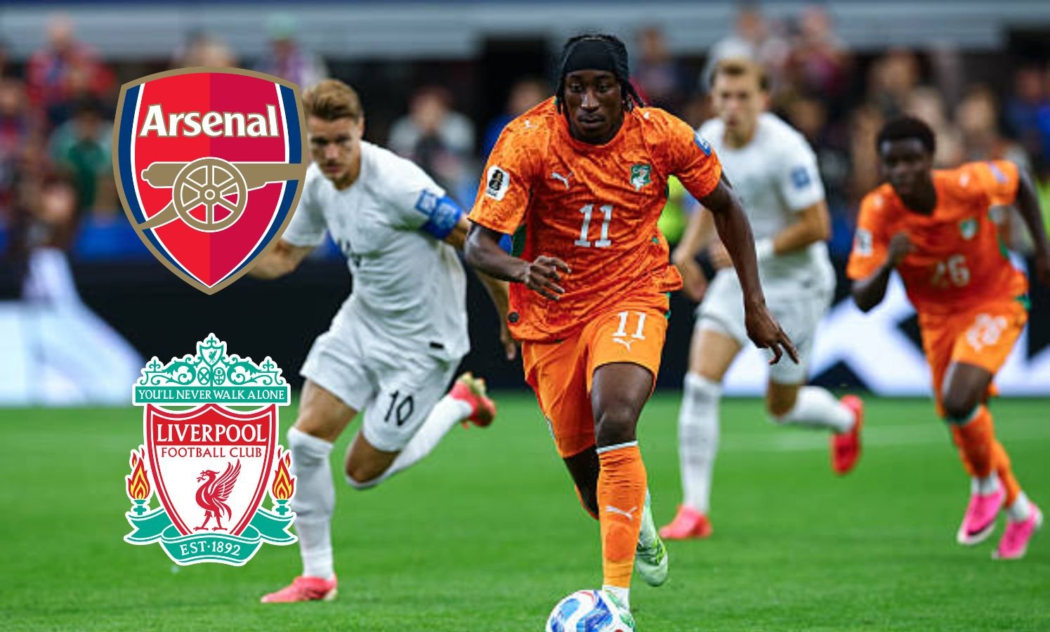 Yan Diomande in action with overlay of Arsenal and Livepool badges