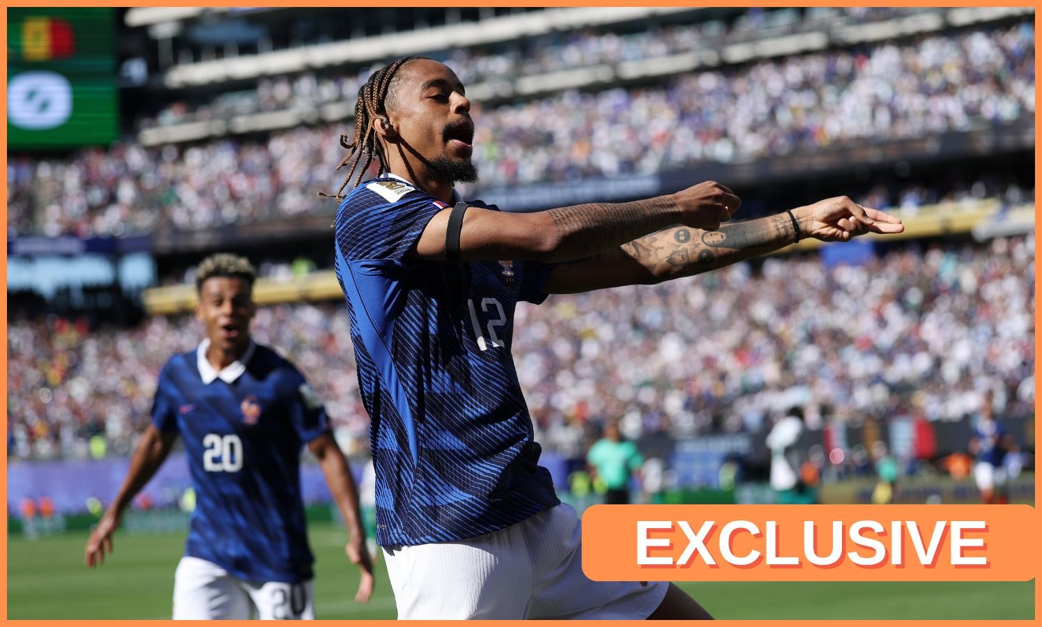 Bradley Barcola celebrates a goal for France at the World Cup