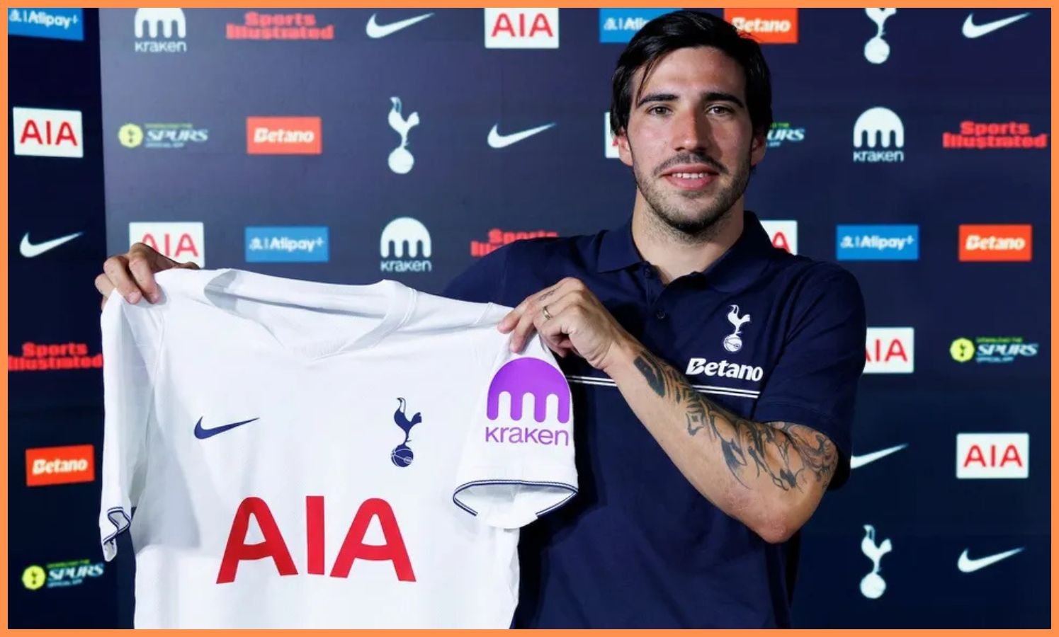 Sandro Tonali holding up a Tottenham shirt (Tottenham Hotspur official)