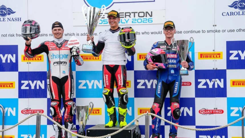 Kyle Ryde, Bradley Ray, Scott Redding, BSB, 2026, Snetterton, race three podium