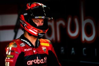 Nicolo Bulega, 2026 UK WorldSBK, leaving pit box. Credit: Tony Goldsmith.