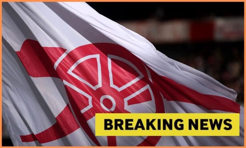 Arsenal flag with breaking news overlay