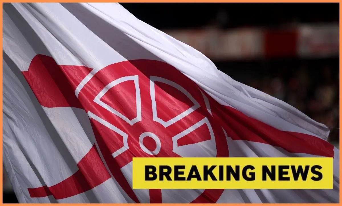 Arsenal flag with breaking news overlay